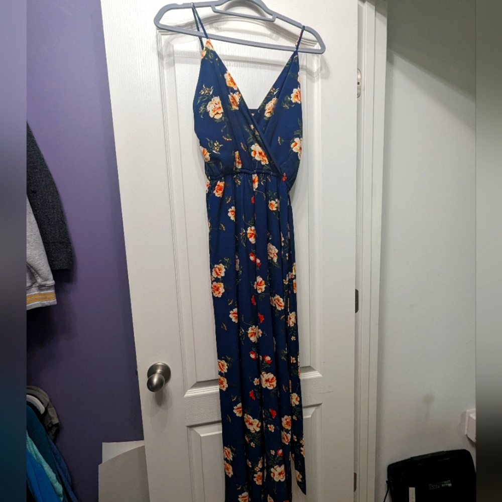 Blue with orange and peach flowers jumpsuit